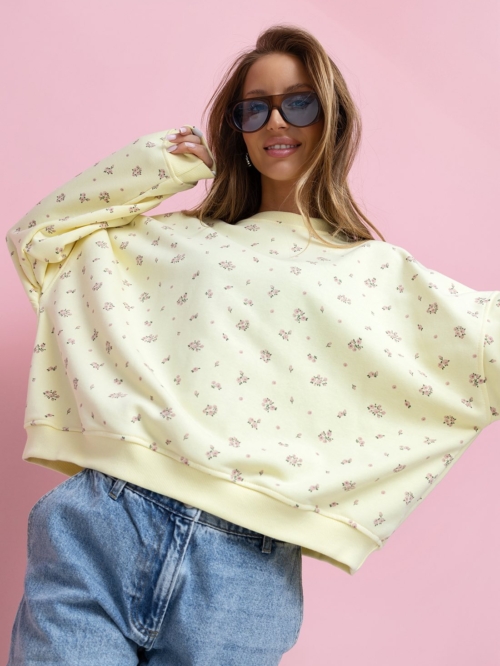 BLUZA BASIC ŻÓŁTA W KWIATUSZKI PUDROWY RÓŻ