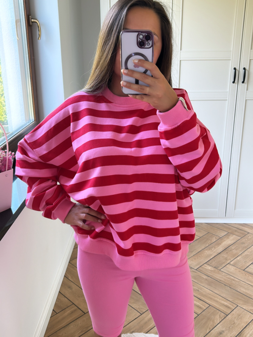 BLUZA BASIC RÓŻOWA W PASY CZERWONE