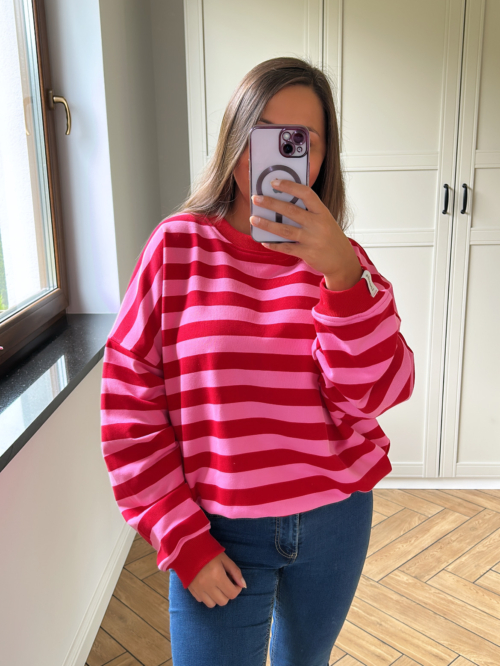 BLUZA BASIC RÓŻOWA W PASY CZERWONE Z TROCZKIEM LENOSHKA