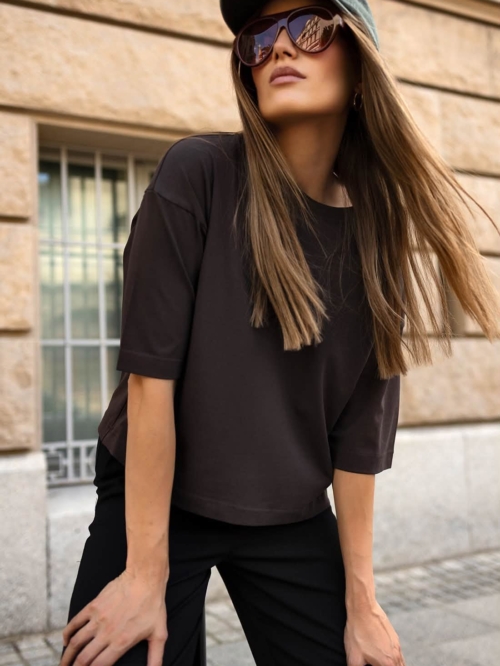 T-SHIRT DAMSKI OVERSIZE BRĄZ - KROPKA
